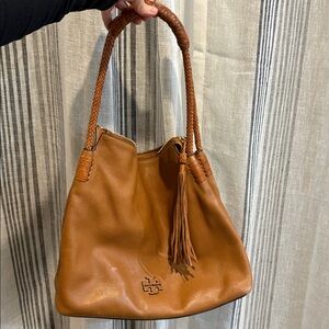 Tory Burch Cognac Leather Hobo with Braided Handle and Tassel